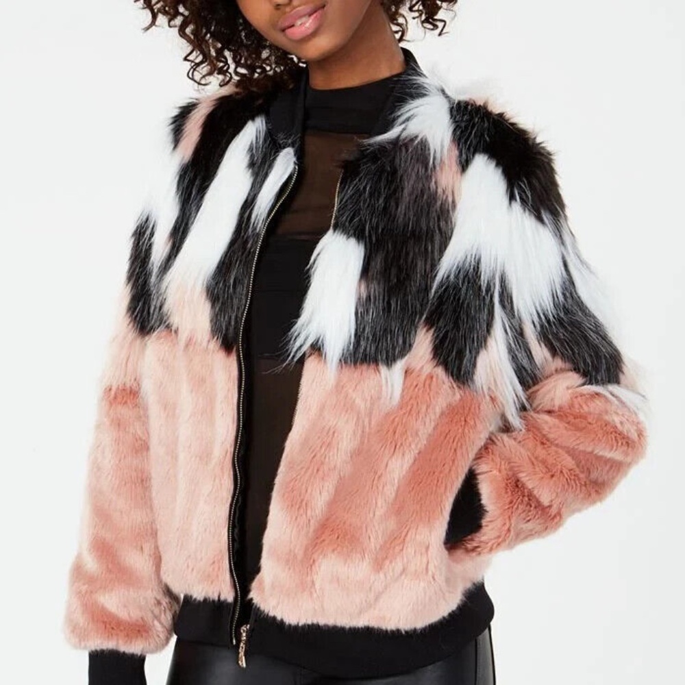 Say What? Women's Pink Multicolor Full Zip Mixed Faux Fur Bomber Jacket Size S